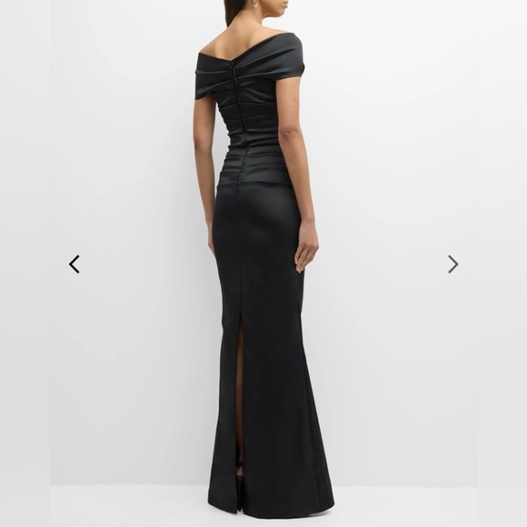 Rickie Freeman For Teri Jon Pleated Off-Shoulder Satin Column Gown - Picture 3 of 15